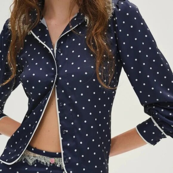 NEW FOR LOVE AND LEMONS INES BLUE BUTTON DOWN POLKA DOT TOP SIZE XS - Picture 2 of 11